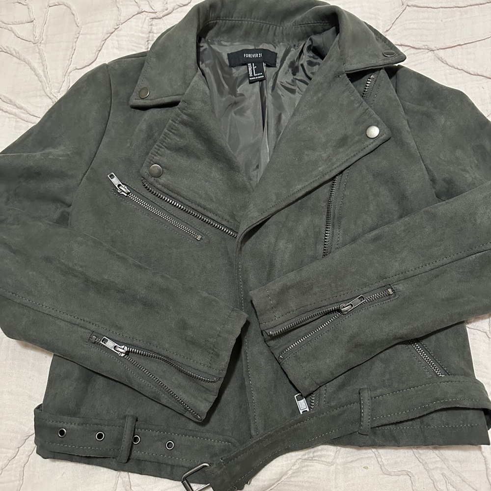 Green Faux Suede Moto Jacket
